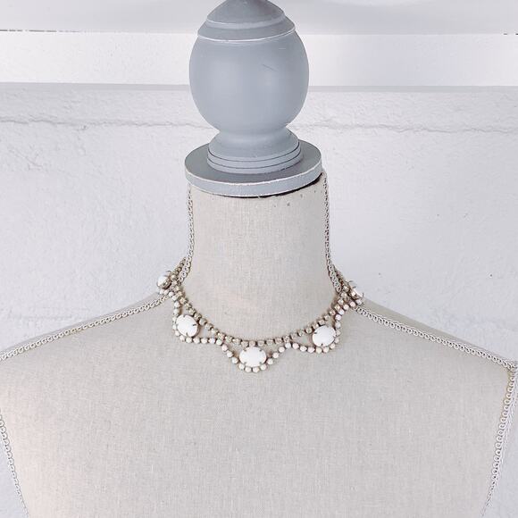 Vintage Mid Century Milk Glass Rhinestone Necklace Earring Set 1950s Jewelry - Picture 3 of 16